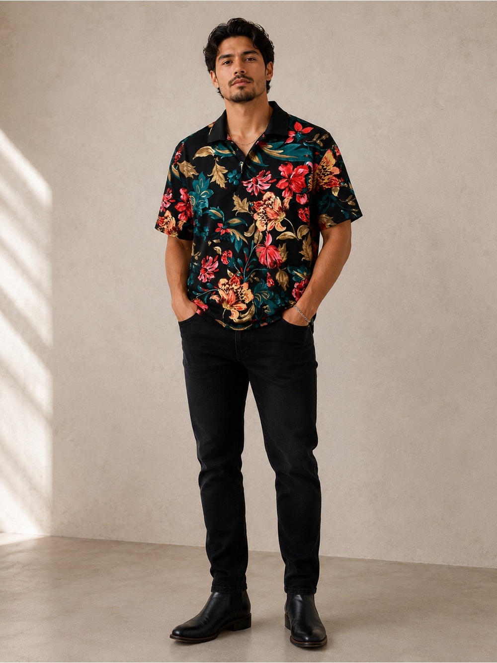 Black Floral Short Sleeve Camp Shirt - Bold Tropical Print